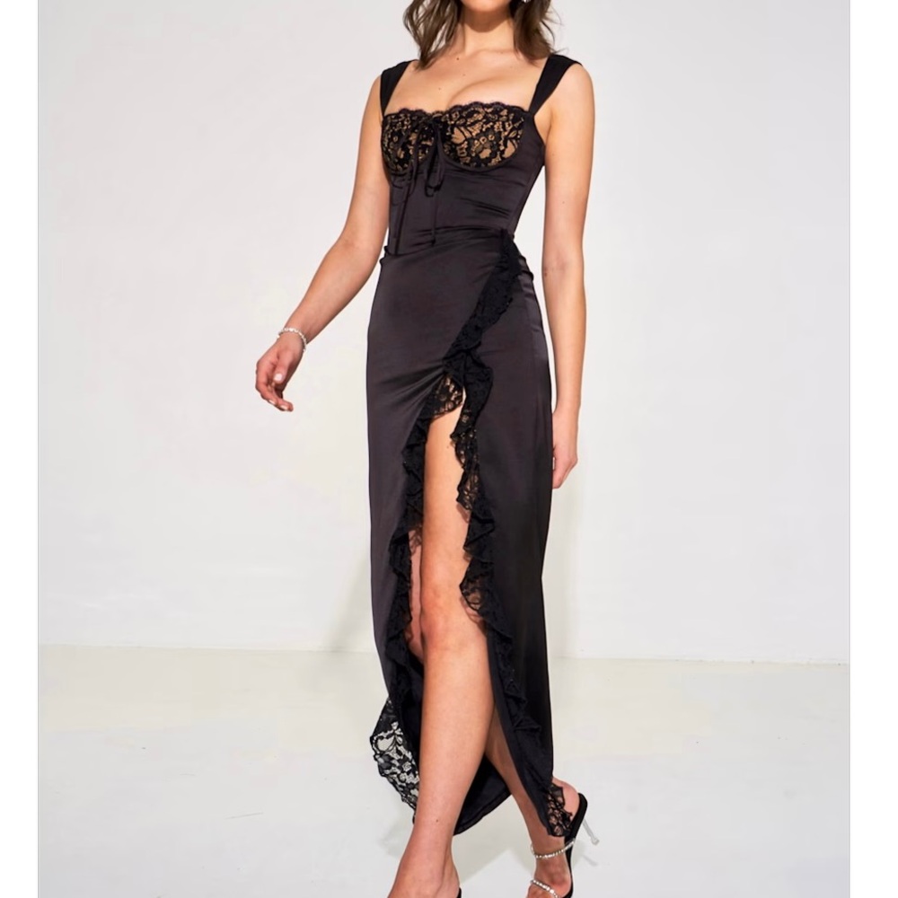 Black Asymmetrical Ruffled Slit Maxi Dress